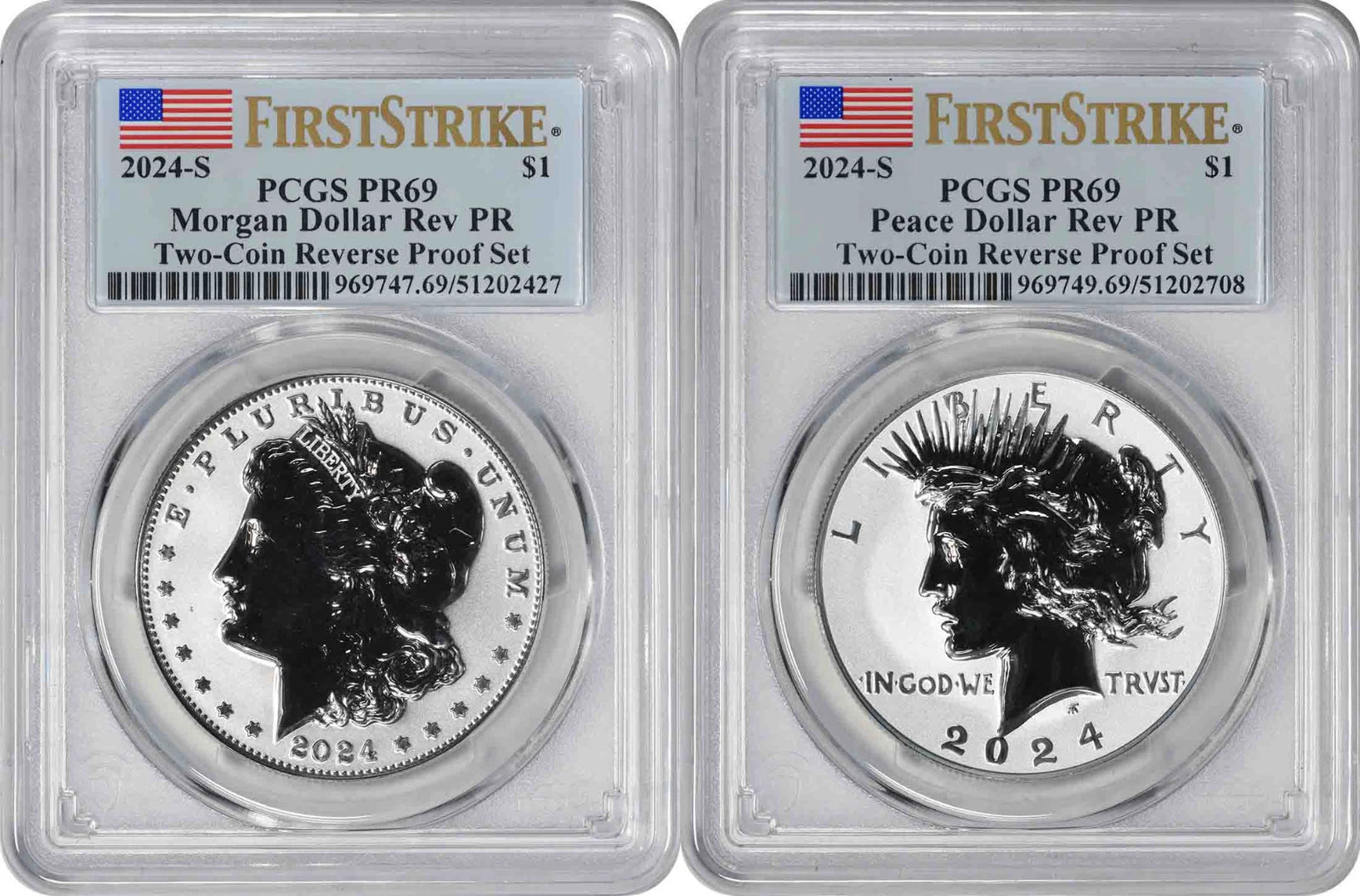 2024-S Morgan and Peace Silver Dollar 2-Coin Reverse Proof Set PR69 FS PCGS