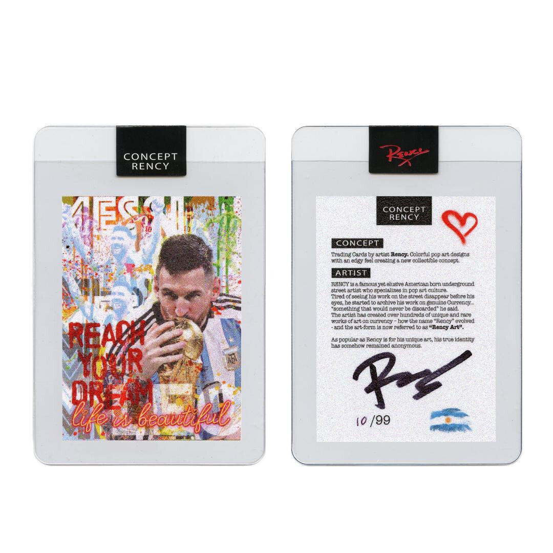 LIONEL MESSI Life is Beautiful DIAMOND Dust Card Signed & S/N of 99 Artist Rency-2