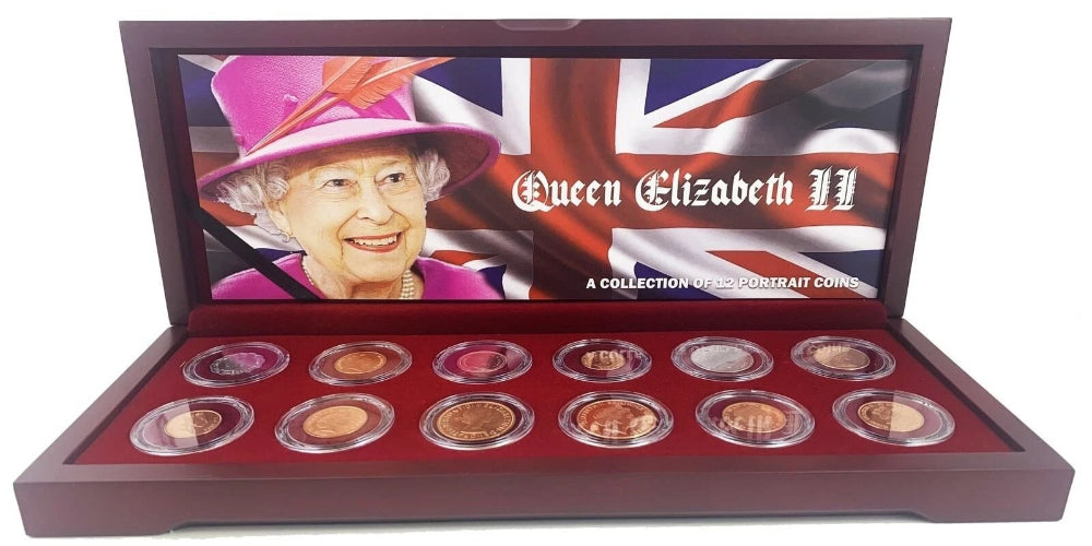 Queen Elizabeth II: A Collection of 12 Portrait Coins (Wooden Box Set)-1