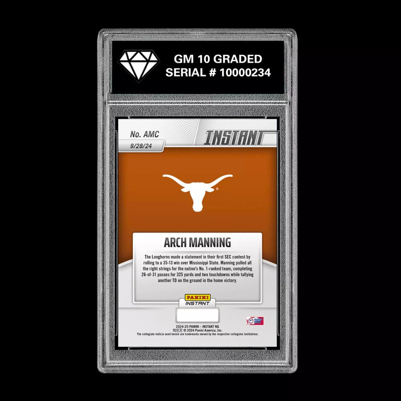 Graded 10 Arch Manning RC 2024-25 Panini Instant NIL NCAA #AMC Texas Rookie Card-2