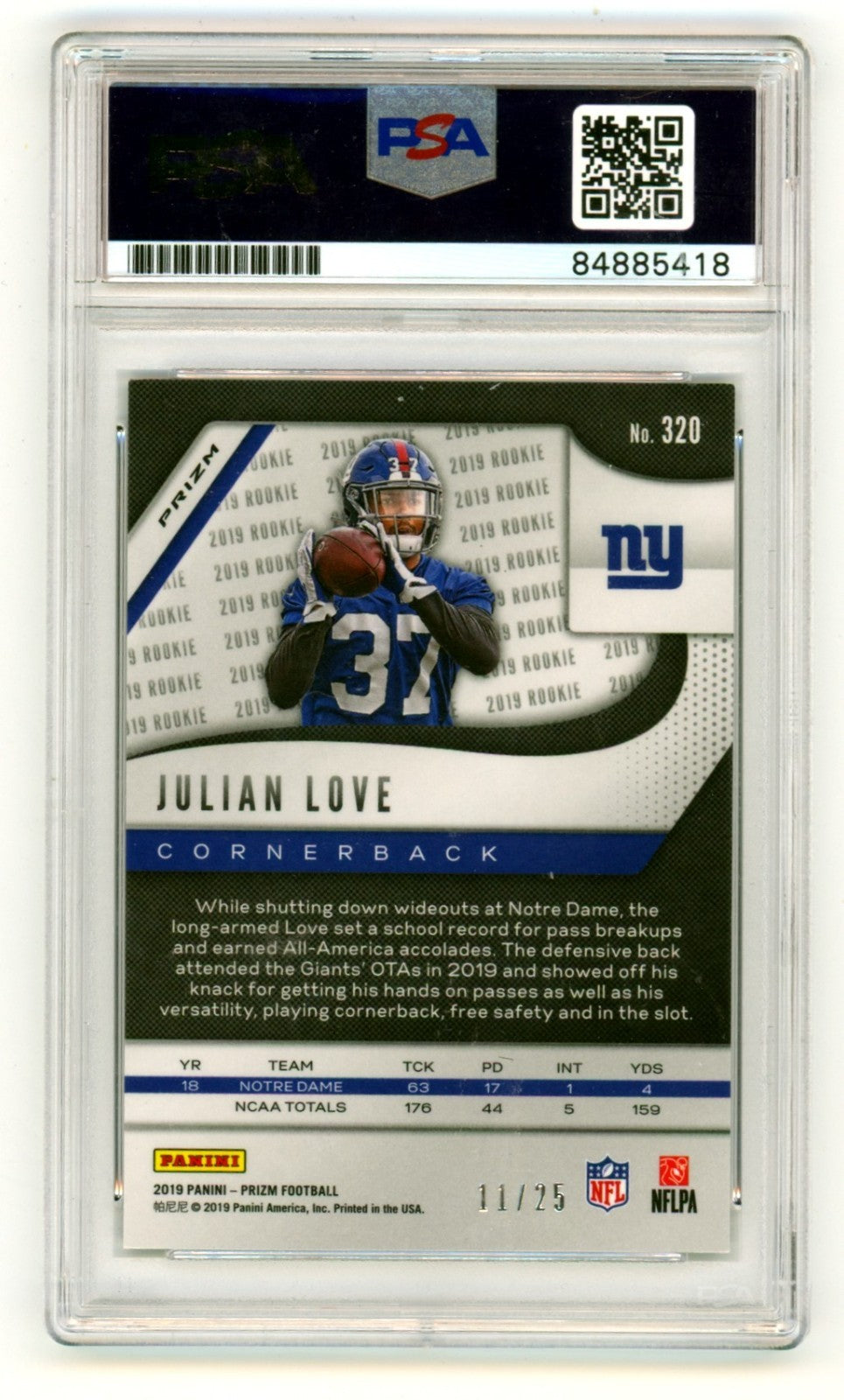 Julian Love 2019 Panini Prizm 320 Camo Prizm Full Name Signed Auto RC /25 PSA 10-2
