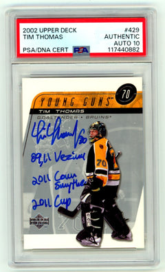 Tim Thomas 2002-2003 Upper Deck #429 Young Guns Signed w/ 3 Insc. PSA 10 Auto-1