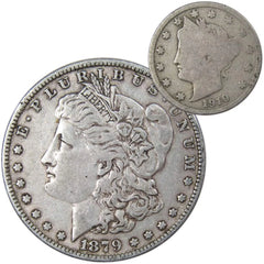 1879 Morgan Dollar VF Very Fine 90% Silver Coin with 1910 Liberty Nickel G Good-1