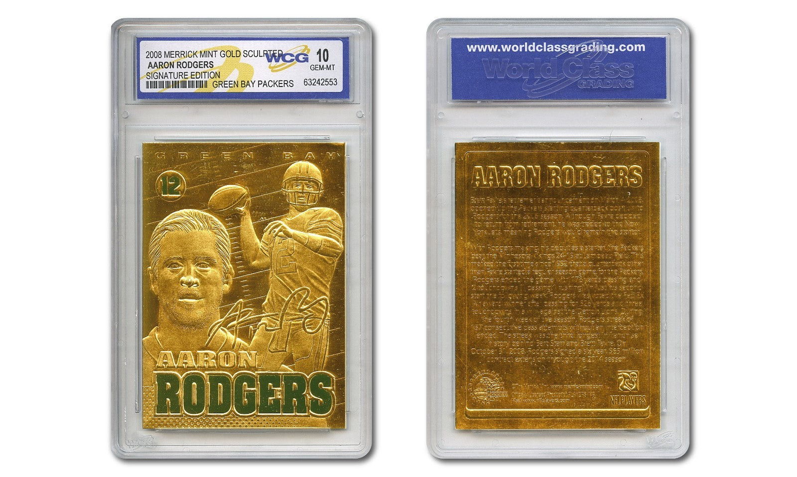 2008 AARON RODGERS SCULPTED NFL GREEN BAY PACKERS 23KT GOLD CARD - GEM-MINT 10-1