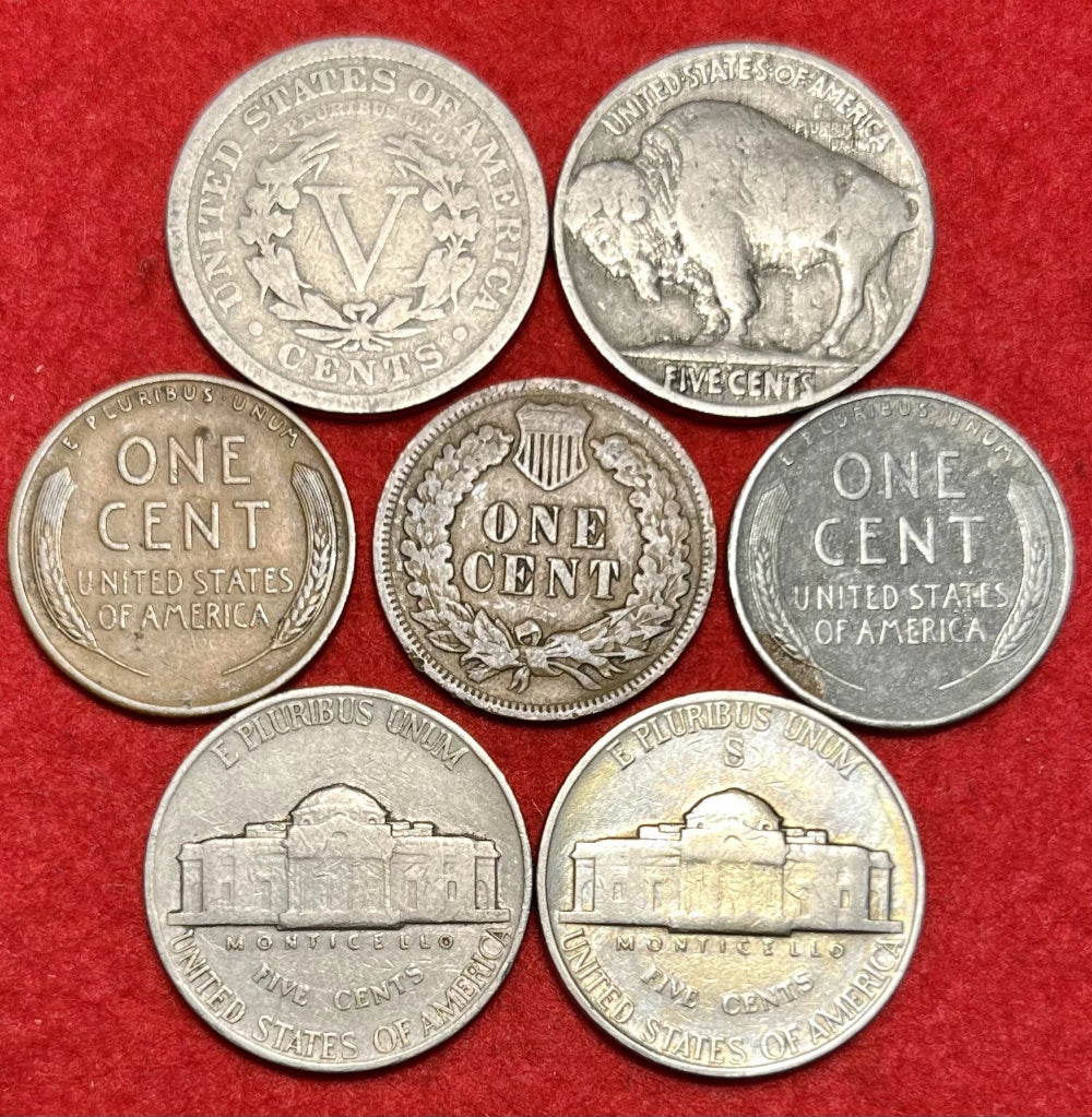 (7) US Coin Lot Liberty Head Buffalo Silver War Nickels Indian Head Wheat Cents-2