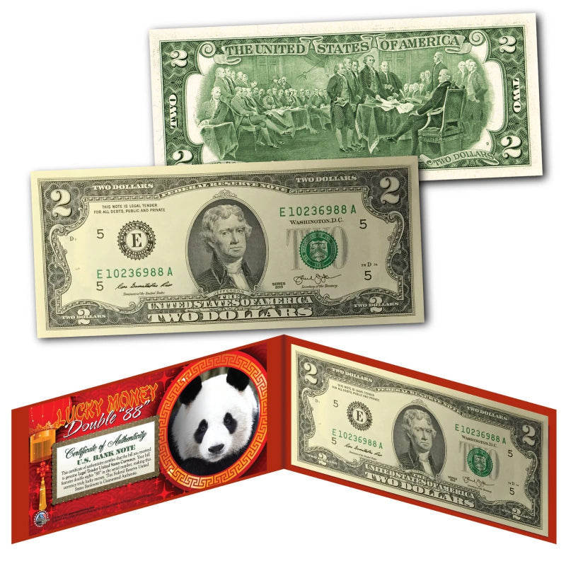 Billete de 2 dólares estadounidenses con número de serie doble 88 de la suerte de Panda chino con folio rojo