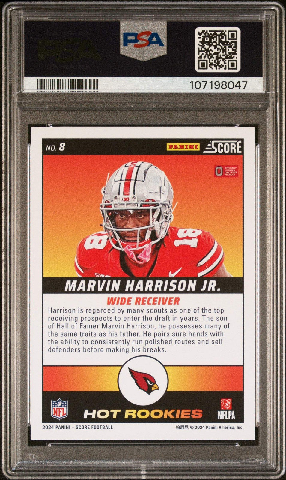Graded 2024 Panini Score Marvin Harrison Jr #8 Hot Rookies Football Card PSA 10-2