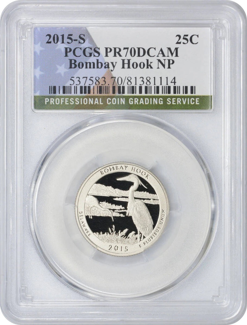 Moneda de veinticinco centavos del Parque Nacional Bombay Hook, revestida con bandera, 2015-S, PR70DCAM, PCGS, prueba 70 DC-1