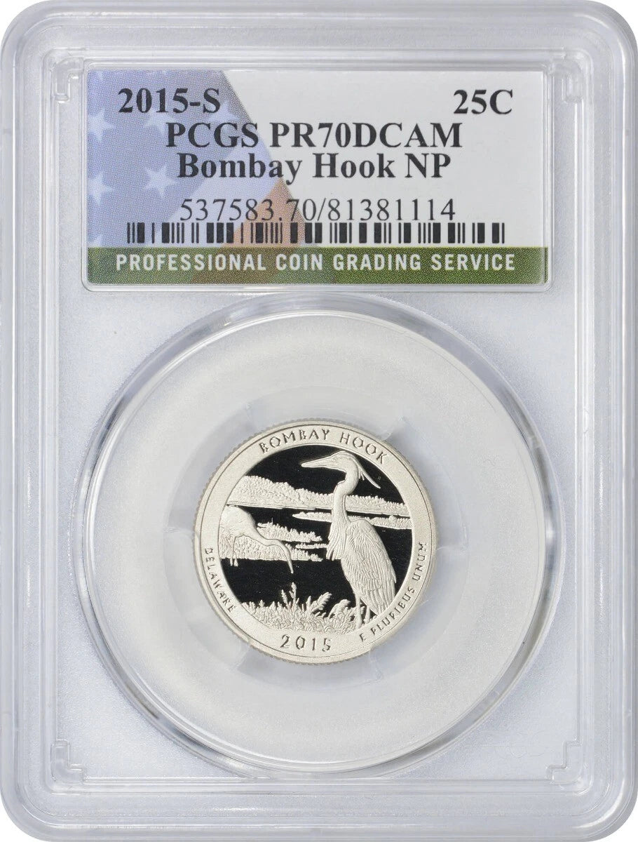 Moneda de veinticinco centavos del Parque Nacional Bombay Hook, revestida con bandera, 2015-S, PR70DCAM, PCGS, prueba 70 DC