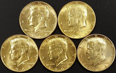 Lot of FIVE 1964 Kennedy Silver Half Dollars! Gold plated!-4