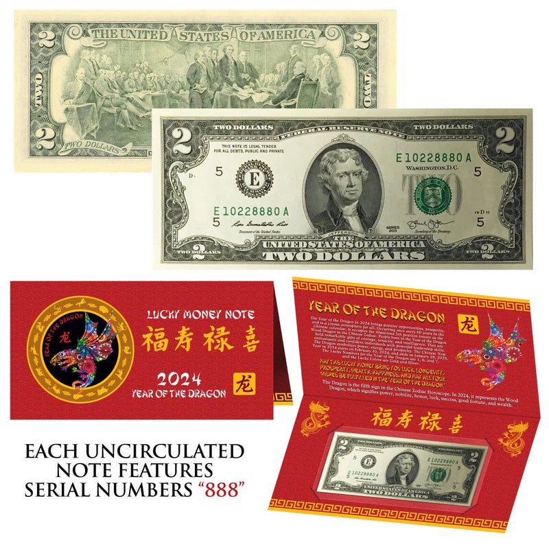 2024 CNY Chinese YEAR of the DRAGON Lucky Money US $2 Bill Red Folder - S/N 888-2