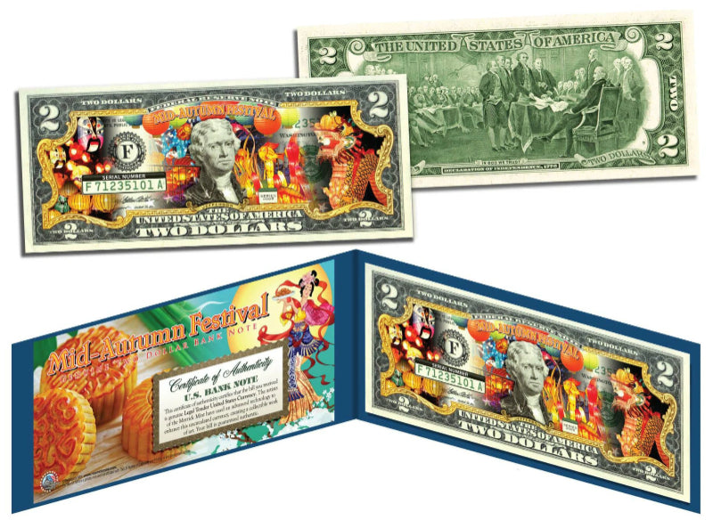 FESTIVAL DE MEDIO OTOÑO 2015 Billete de 2 dólares estadounidenses coloreado de curso legal