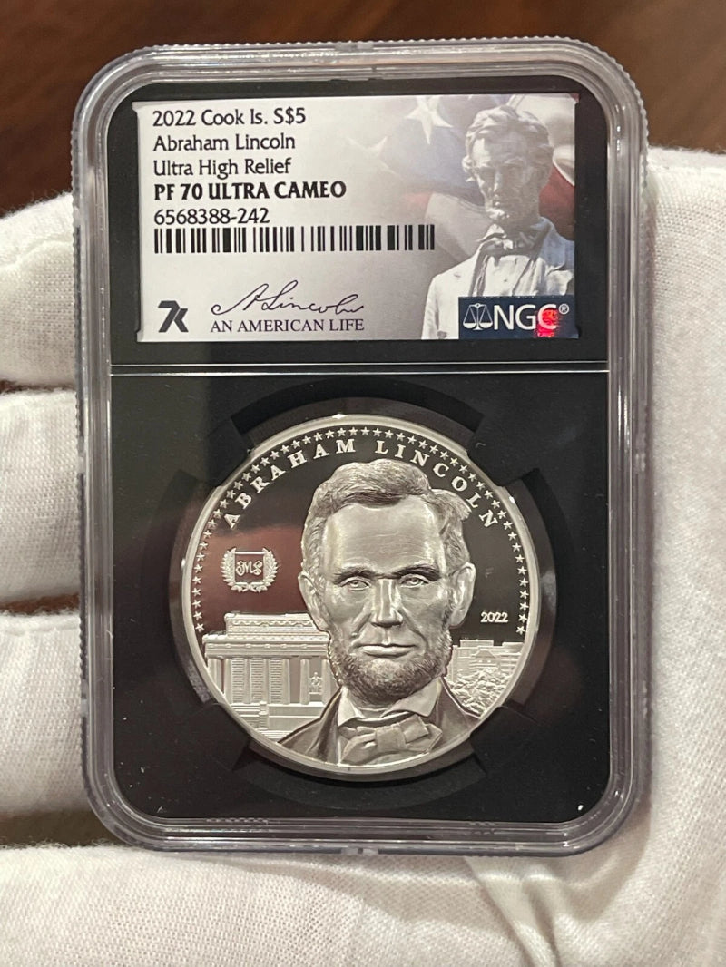 ABRAHAM LINCOLN PF70 By Miles Standish 1oz Silver Coin 5$ Cook Islands 2022 LOC7-4