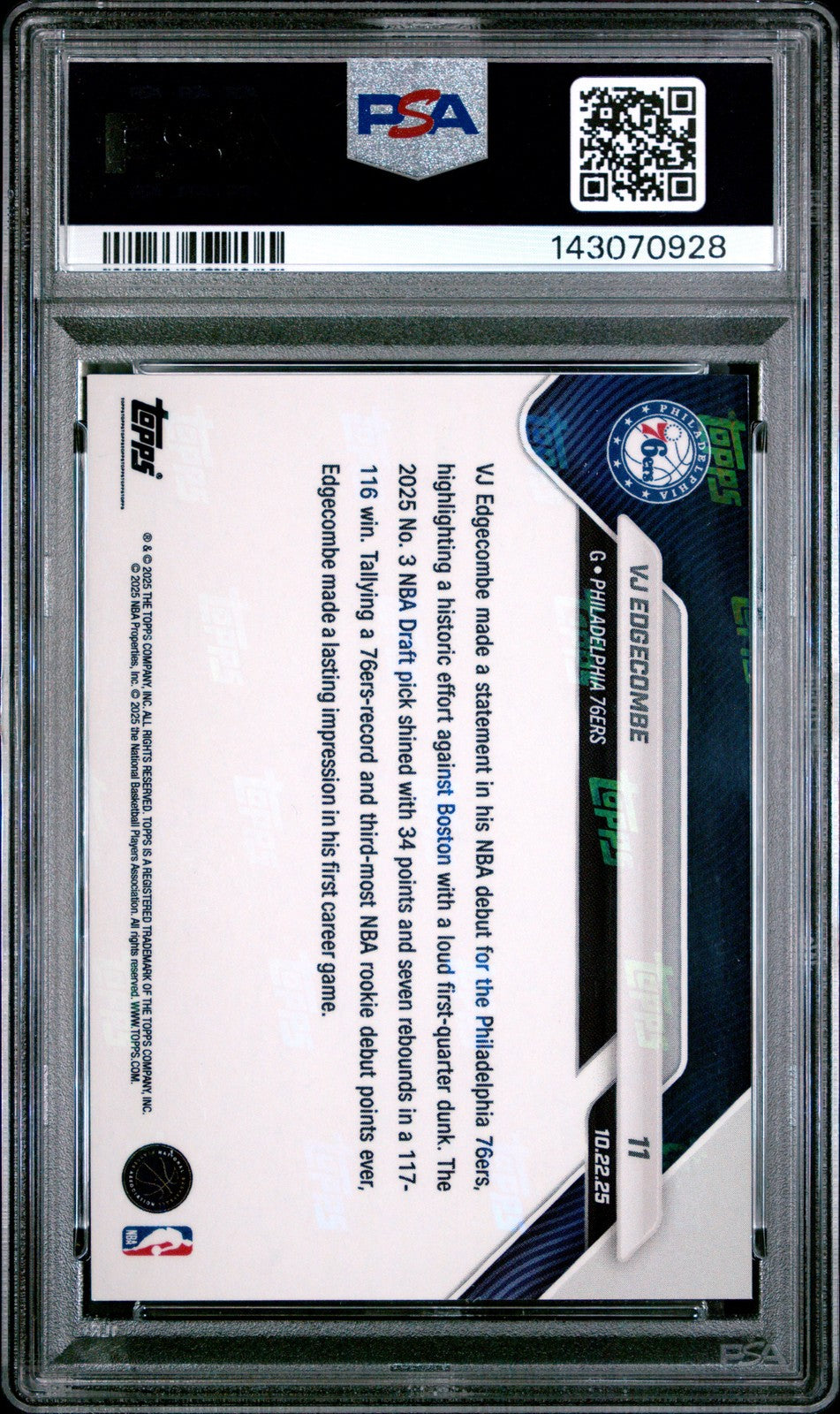 PSA 9 VJ Edgecombe Green Foil /99 #11 2025 Topps Now