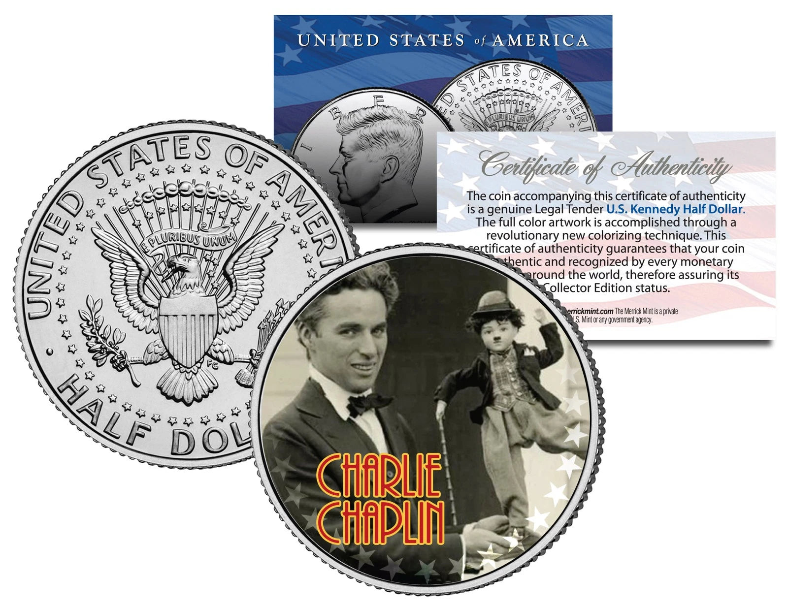 CHARLIE CHAPLIN Colorized JFK Kennedy Half Dollar US Coin - Genuine Legal Tender-1