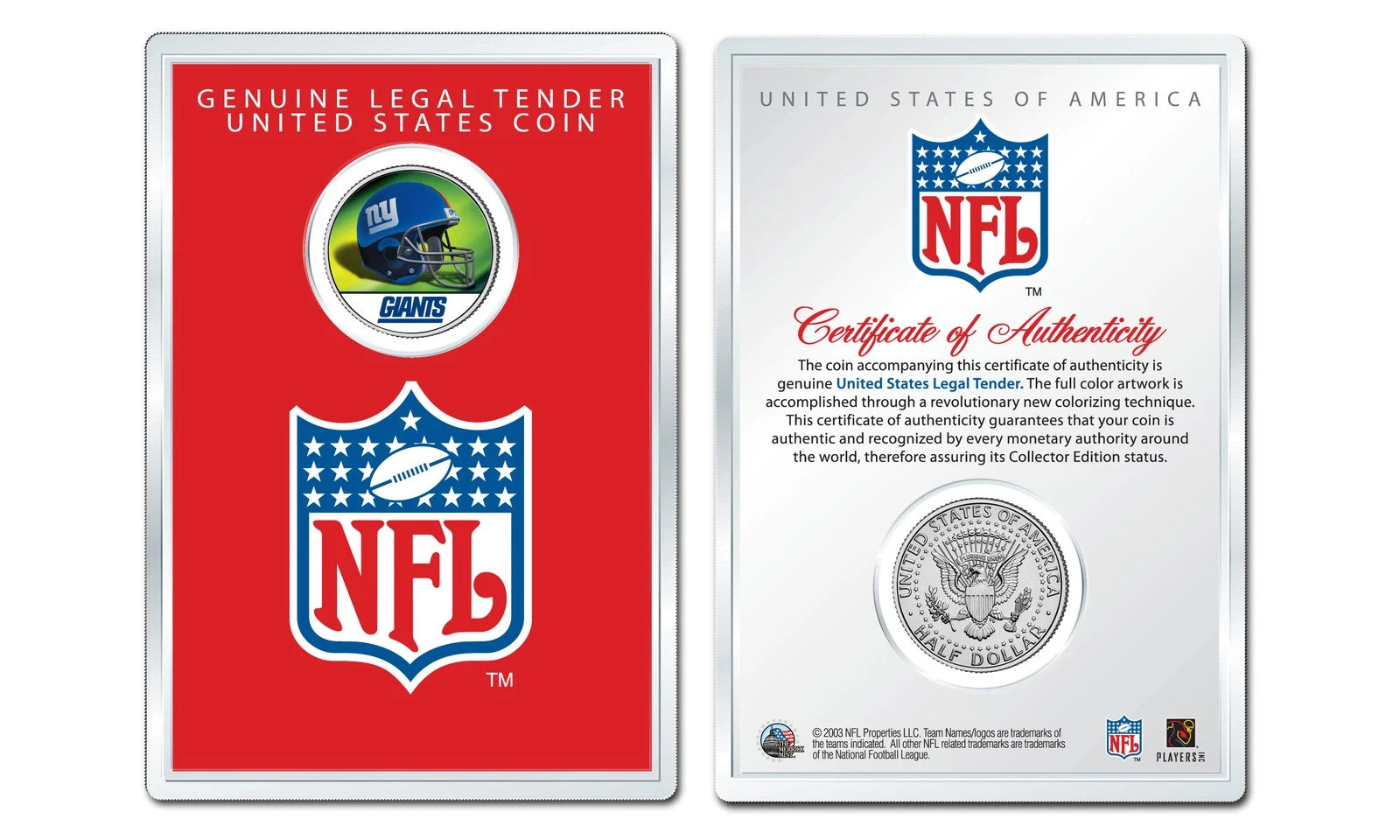 NEW YORK GIANTS NFL Helmet JFK Half Dollar US Coin w/ NFL Display Case LICENSED-1