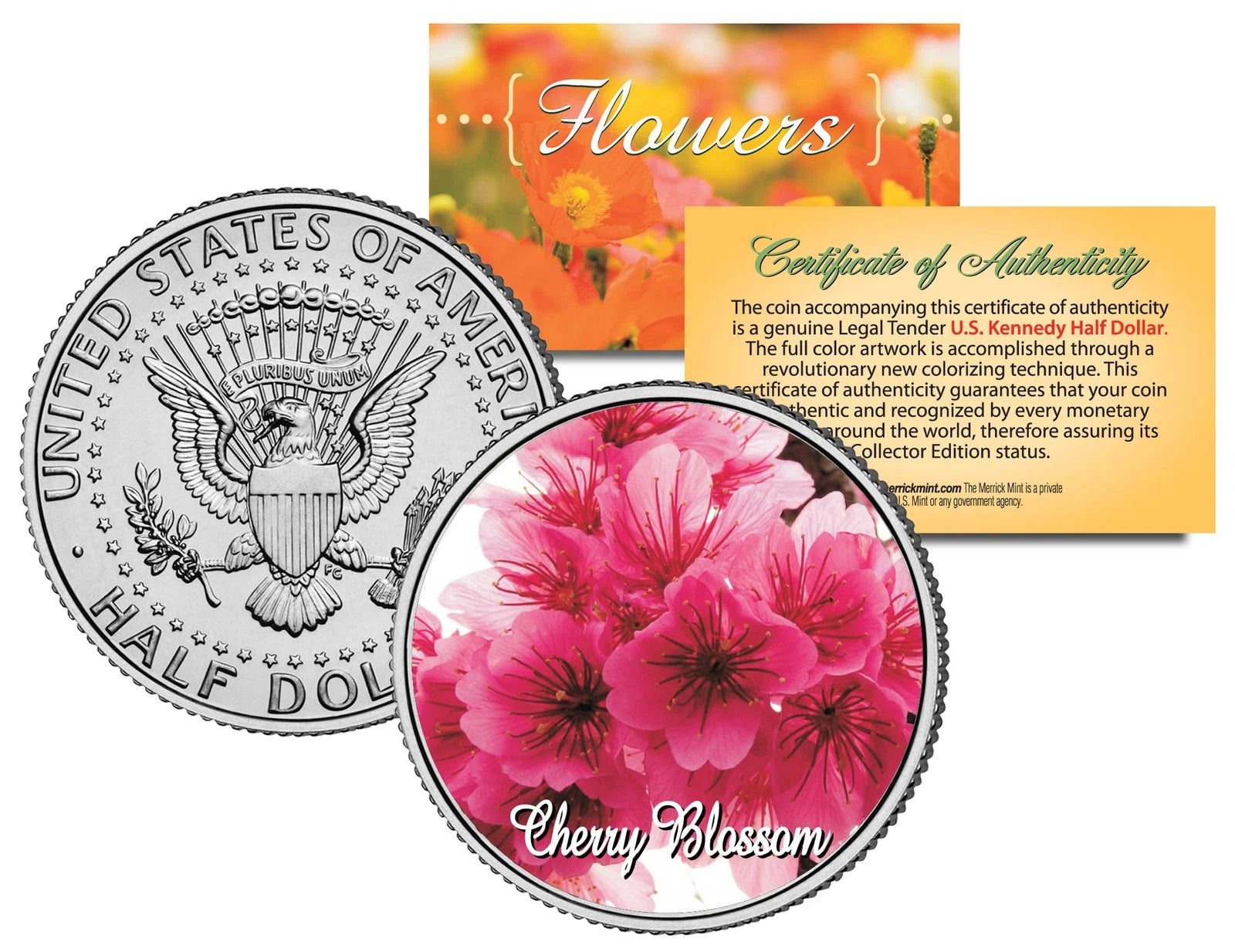 CHERRY BLOSSOM FLOWER JFK Kennedy Half Dollar US Colorized Coin