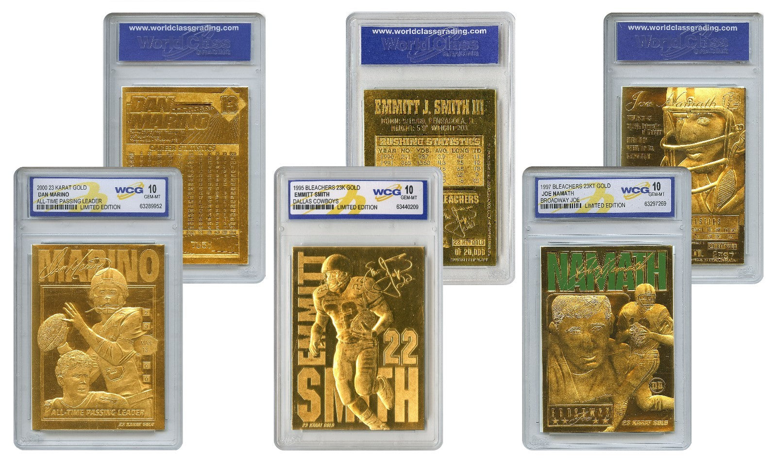 Set of 3 NFL 23K Gold Cards - DAN MARINO / EMMITT SMITH / JOE NAMATH Gem-Mint 10-2