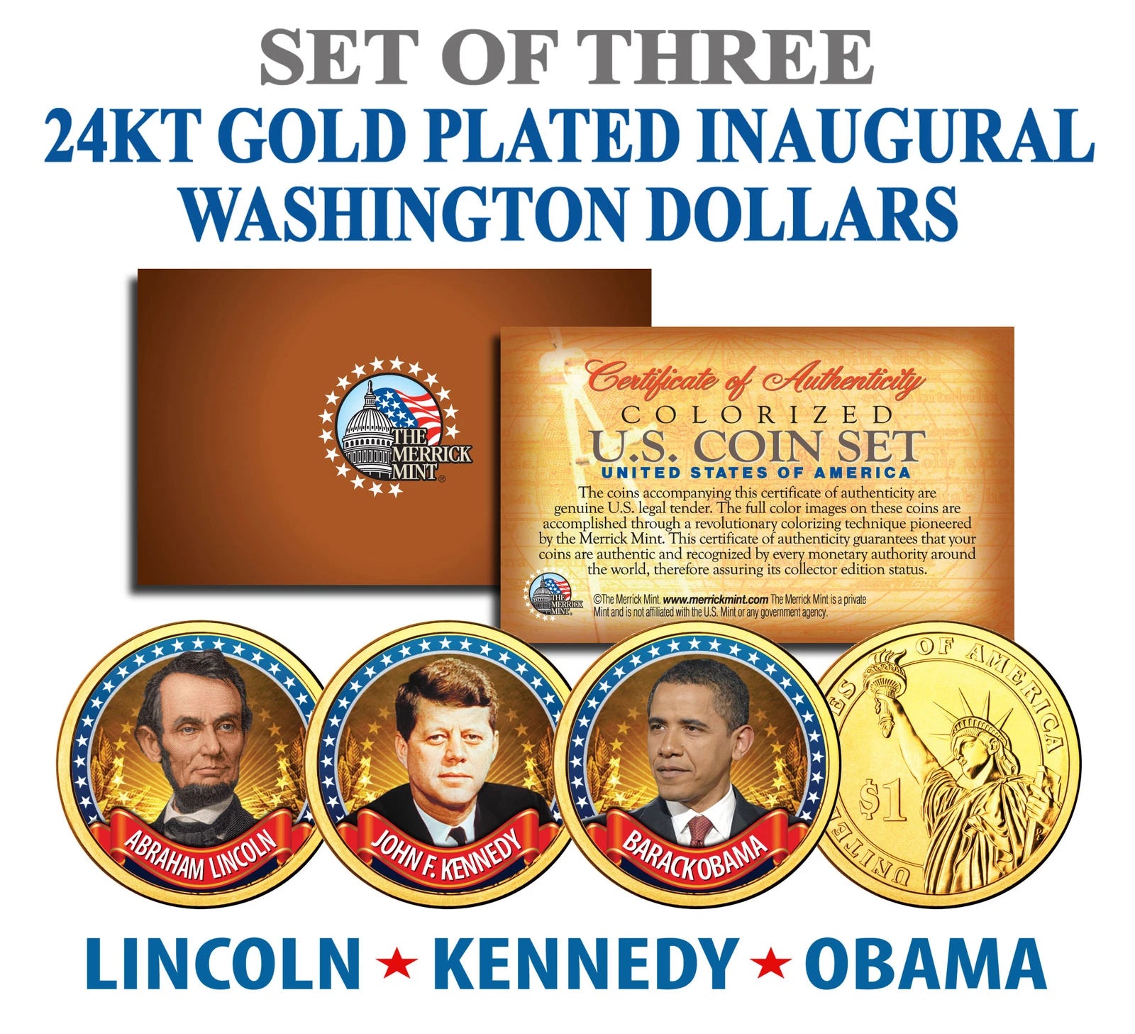 President OBAMA KENNEDY LINCOLN Presidential $1 US Dollar Gold Plated 3-Coin Set