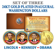 President OBAMA KENNEDY LINCOLN Presidential $1 US Dollar Gold Plated 3-Coin Set-1
