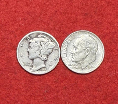 (2) 20th Century 90% Silver Dimes - Mercury & Roosevelt US 10C Coin Lot $0.20 FV-1