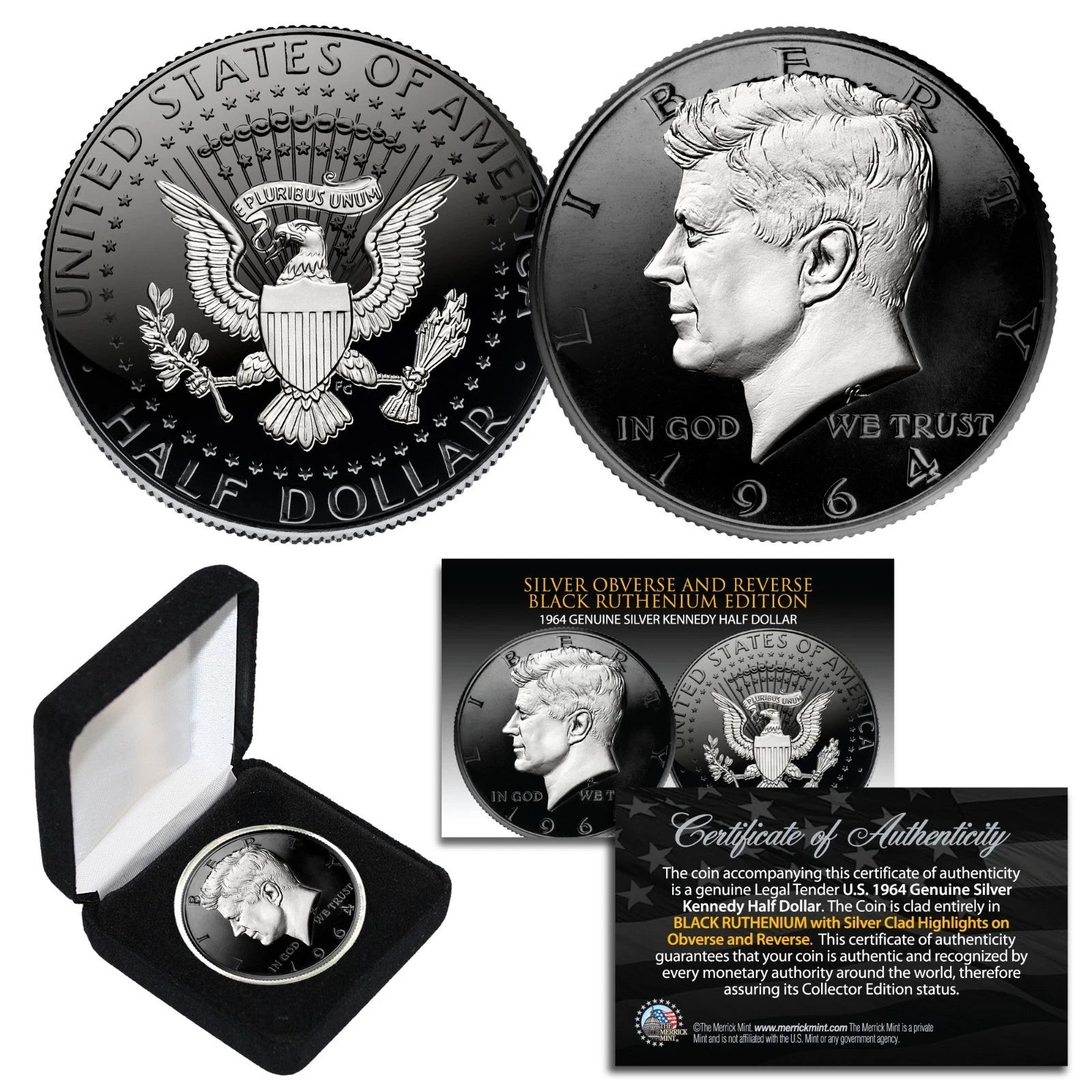 1964 BU Silver JFK Half Dollar 2-Sided BLACK RUTHENIUM & Silver Highlights w/BOX
