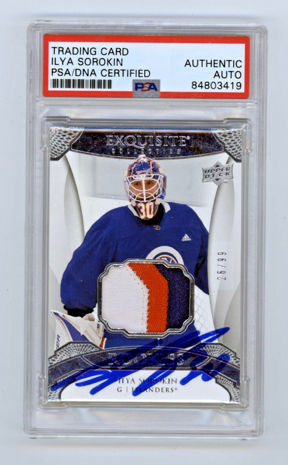 Ilya Sorokin 2020-21 Upper Deck Exquisite Rookie Patch #26/99 RC Signed PSA Auto-1