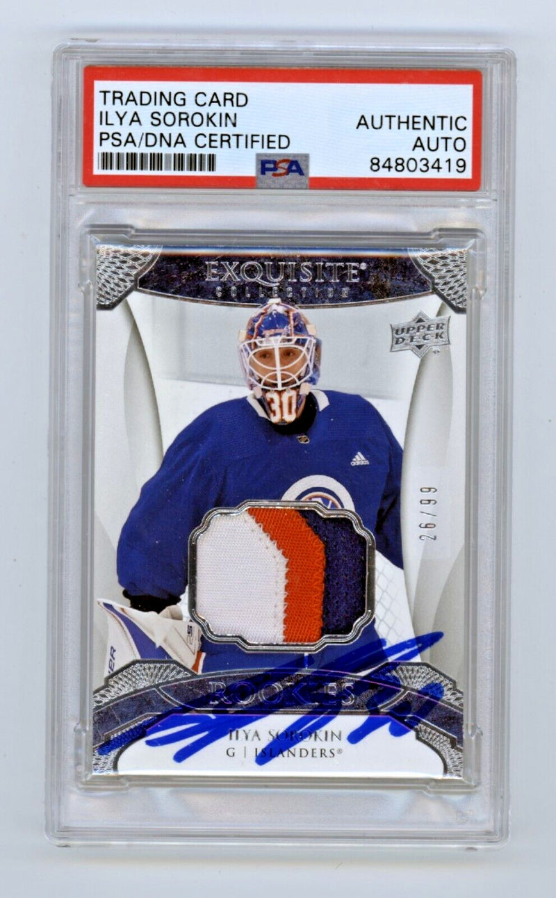 Ilya Sorokin 2020-21 Upper Deck Exquisite Rookie Patch #26/99 RC Signed PSA Auto-1