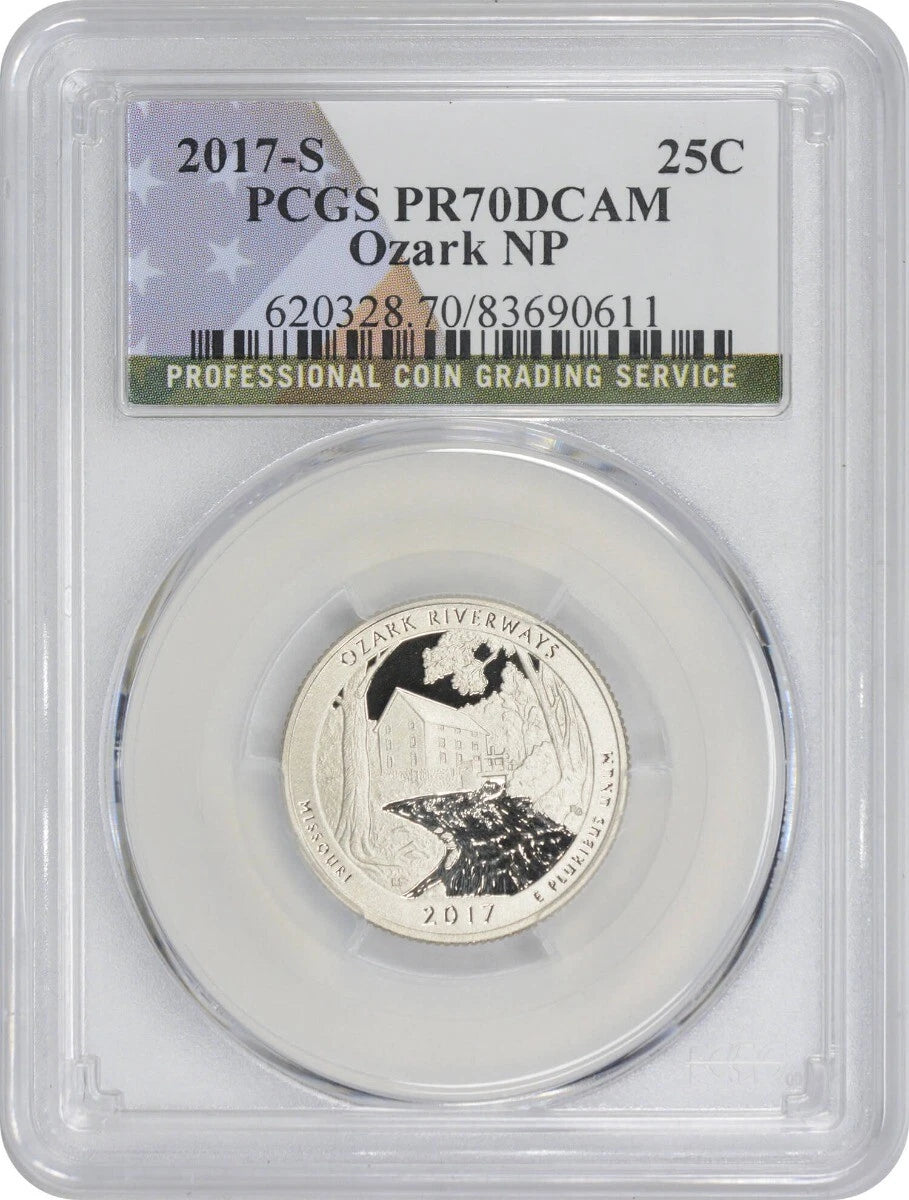 Moneda de veinticinco centavos del Parque Nacional Ozark con bandera 2017-S PR70DCAM PCGS América la Bella-1