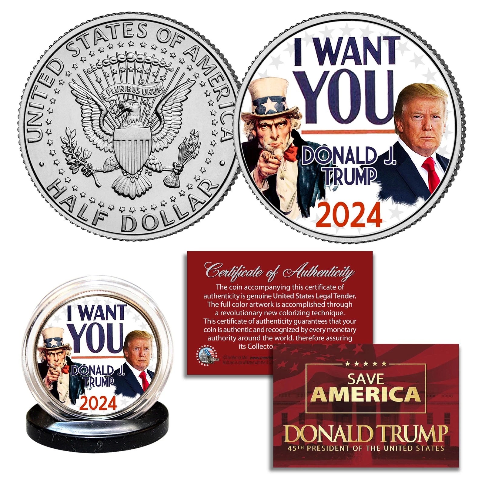 DONALD TRUMP & UNCLE SAM I WANT YOU Pin Style JFK Kennedy Half Dollar US Coin