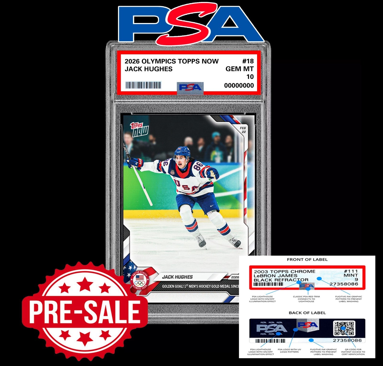 PRESALE PSA 10 Jack Hughes 2026 Olympics Golden Goal Topps Now Card #18