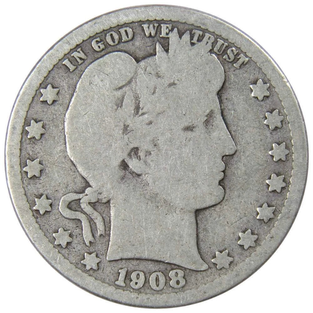 1908 D Barber Quarter Circulated Silver 25c Coin Collectible