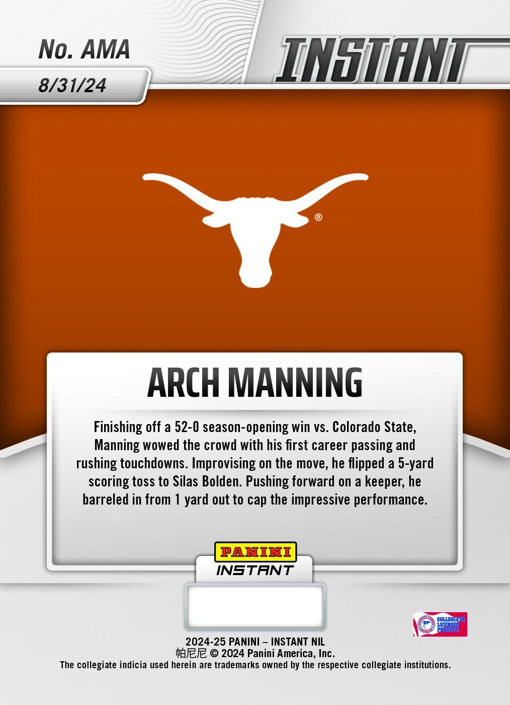 Graded 10 ARCH MANNING #AMA RC Rookie Card 2024 Panini Instant NIL-3