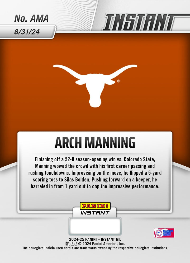 Graded 10 ARCH MANNING #AMA RC Rookie Card 2024 Panini Instant NIL-3