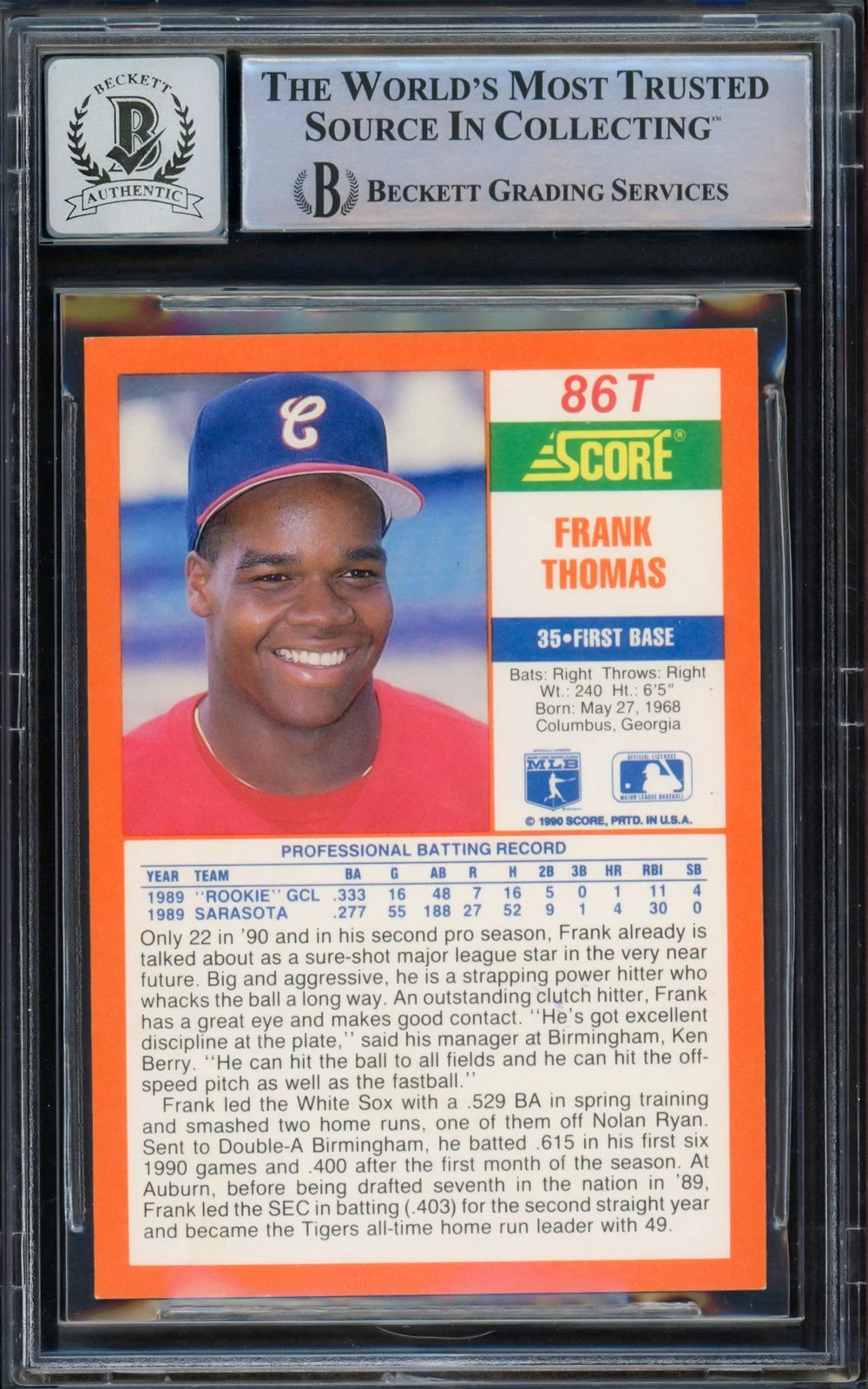 Frank Thomas Signed 1990 Score Traded RC 86T White Sox Auto GM 10 Beckett