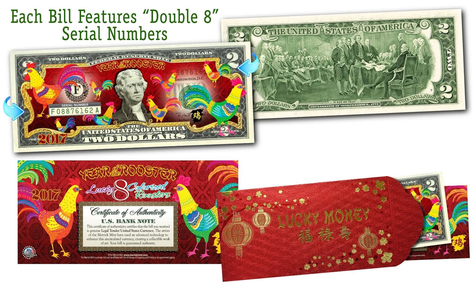 2017 CNY YEAR OF THE ROOSTER Polychromatic US $2 Bill - DOUBLE 8 SERIAL Ltd 300-3