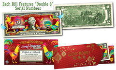 2017 CNY YEAR OF THE ROOSTER Polychromatic US $2 Bill - DOUBLE 8 SERIAL Ltd 300-3