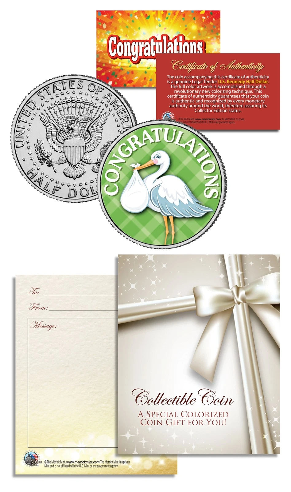 "Stork" Baby Gift Keepsake JFK Kennedy Half Dollar U.S. Colorized Coin