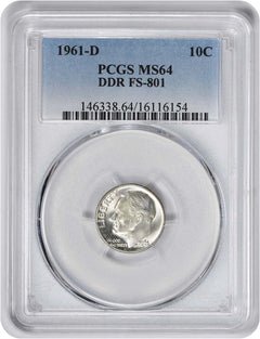 1961-D Roosevelt Silver Dime DDR FS-801 MS64 PCGS-1
