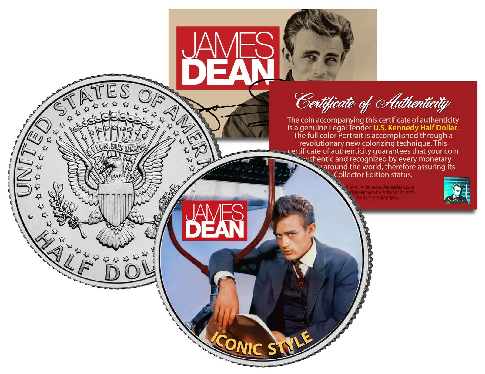 JAMES DEAN * ICONIC STYLE * JFK Kennedy Half Dollar US Colorized Coin *LICENSED*-1