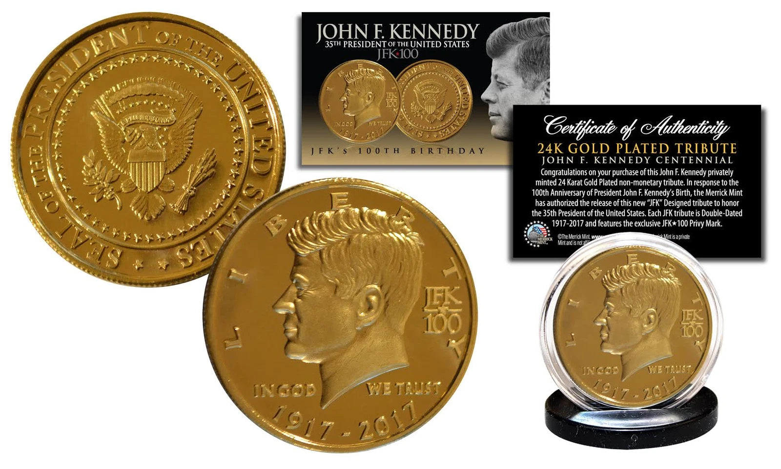 JFK100 JOHN F. KENNEDY 100th BIRTHDAY 1917-2017 Official 24K Gold Plated Coin-2