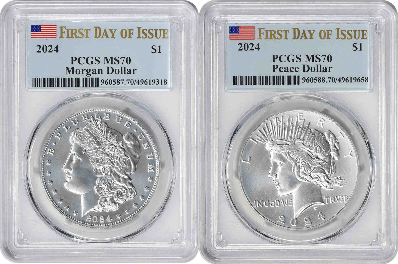 2024 Morgan and Peace Silver Dollar 2-Coin Set MS70 First Day of Issue PCGS