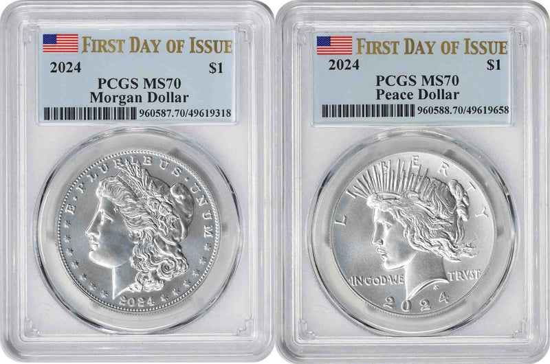 2024 Morgan and Peace Silver Dollar 2-Coin Set MS70 First Day of Issue PCGS-1