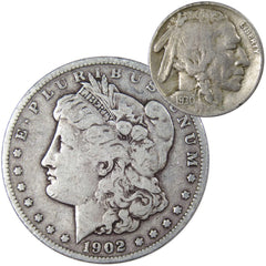 1902 Morgan Dollar VG Very Good 90% Silver with 1930 S Buffalo Nickel F Fine-1