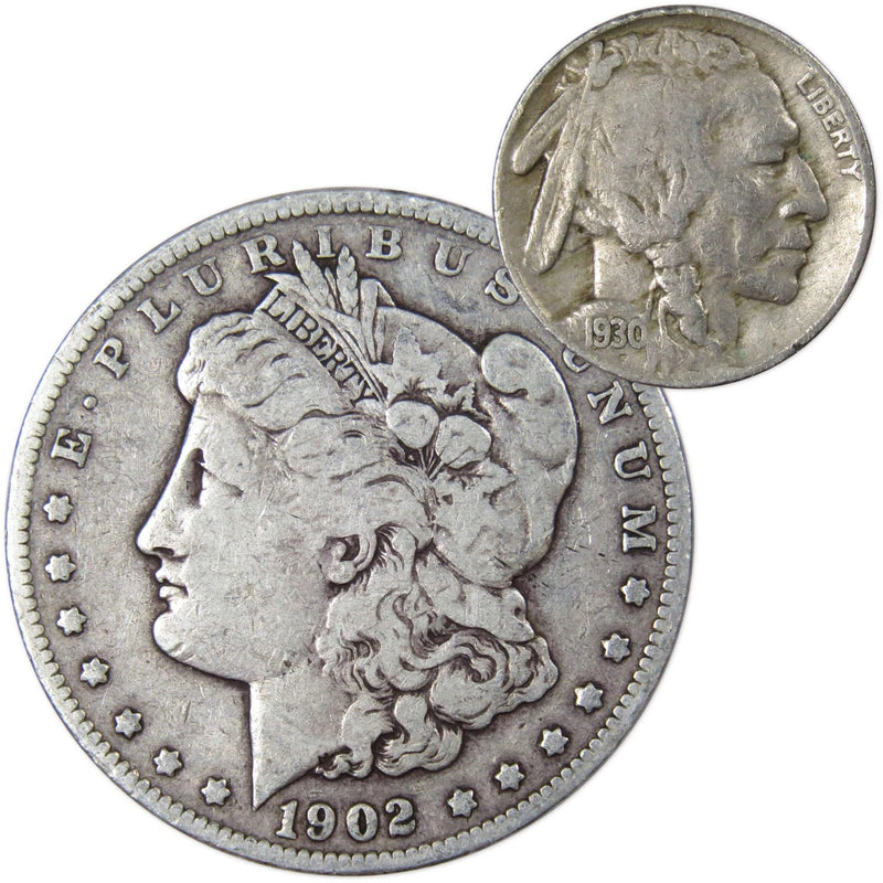 1902 Morgan Dollar VG Very Good 90% Silver with 1930 S Buffalo Nickel F Fine-1
