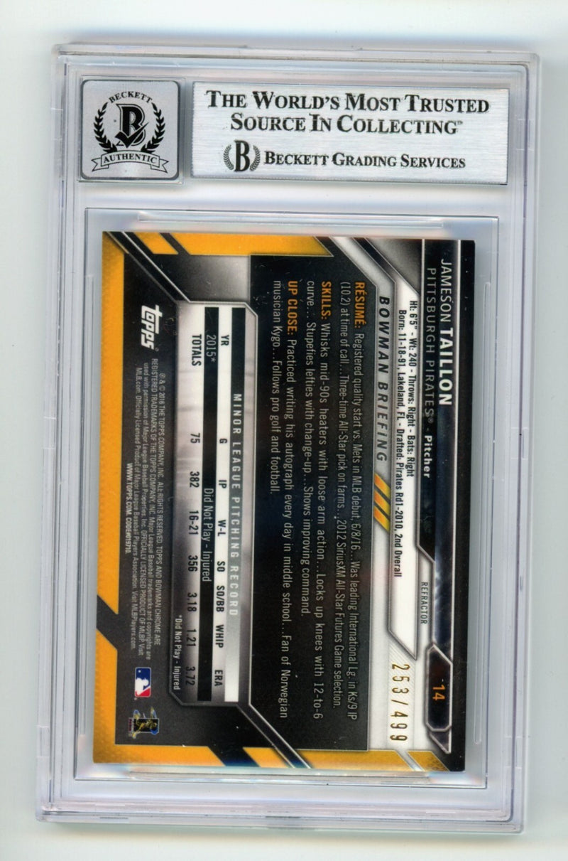 Jameson Taillon 2016 Bowman Chrome Refractor 14 #/499 Signed RC BGS 10 Auto Cubs-2