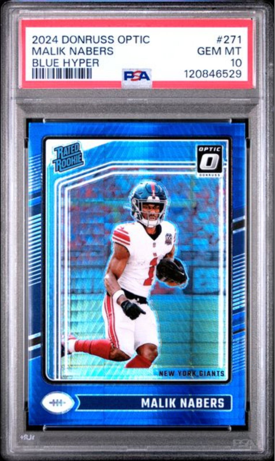 Graded 2024 Panini Donruss Optic Malik Nabers #271 Blue Hyper Rookie Card PSA 10-1