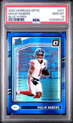 Graded 2024 Panini Donruss Optic Malik Nabers #271 Blue Hyper Rookie Card PSA 10-1