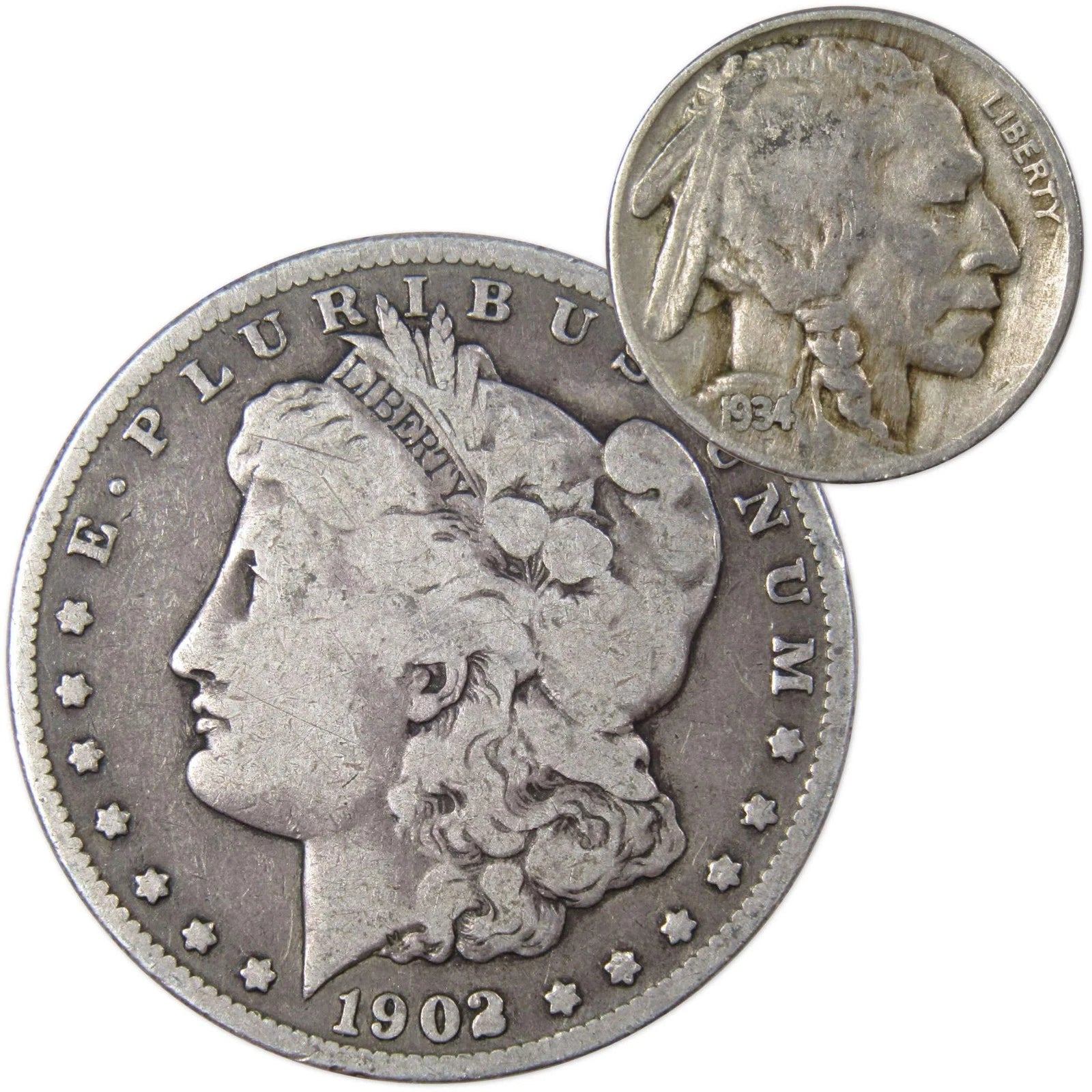 1902 O Morgan Dollar VG Very Good 90% Silver with 1934 Buffalo Nickel F Fine-1