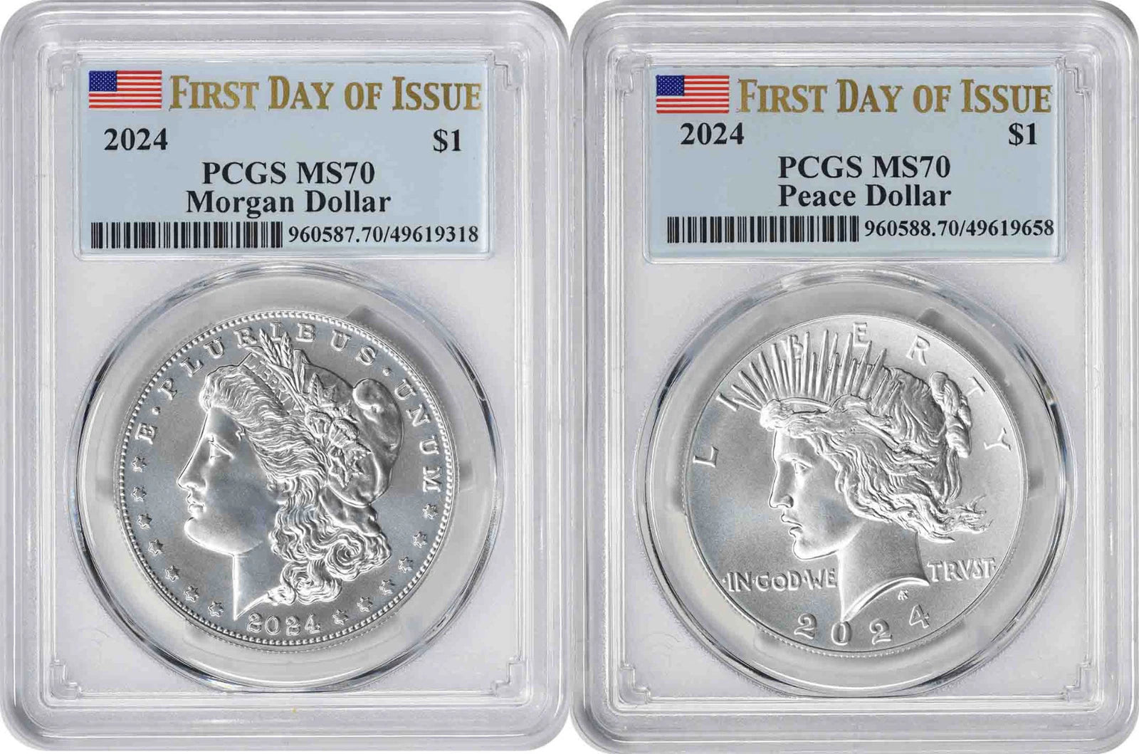 2024 Morgan and Peace Silver Dollar 2-Coin Set MS70 First Day of Issue PCGS